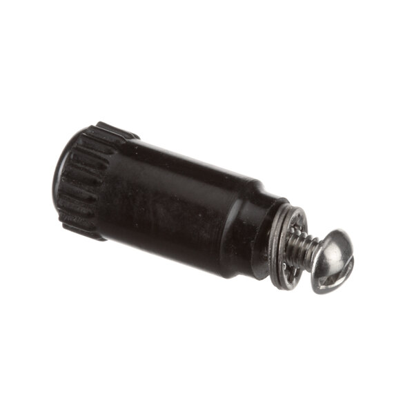 A black plastic cylinder with a round metal screw.