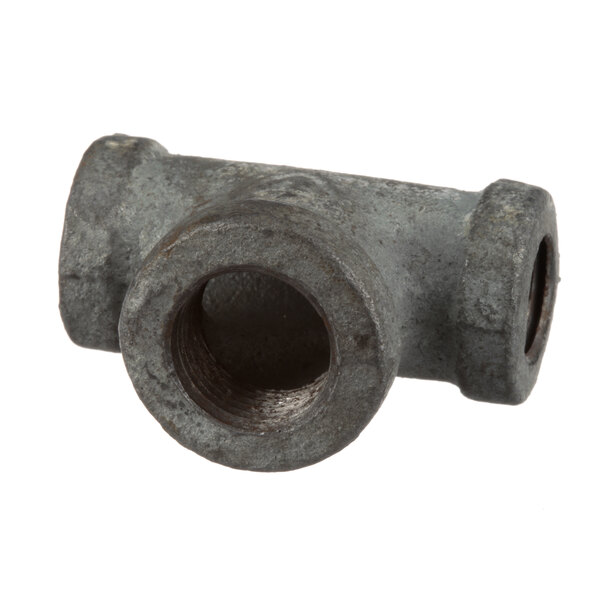 A metal tee pipe fitting with a hole.