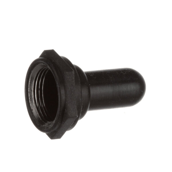 A black plastic pipe fitting with a nut.