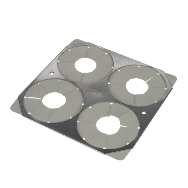 A metal plate with circular holes.