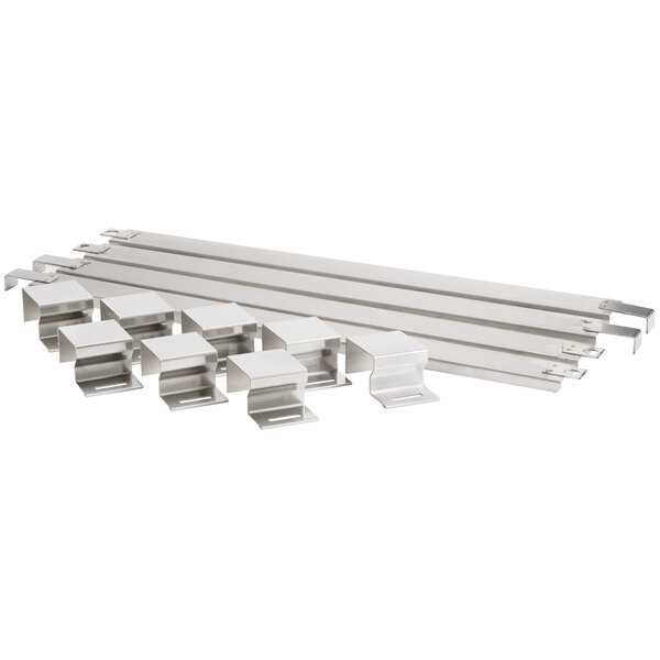 A group of silver metal brackets.