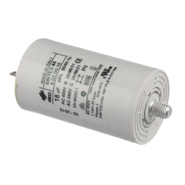 A white cylindrical Berkel capacitor with black text and a small metal cap.