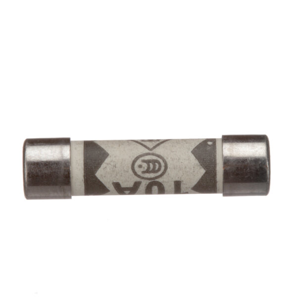 A close-up of a Merrychef 1in 10a Hrc fuse with a logo on it.