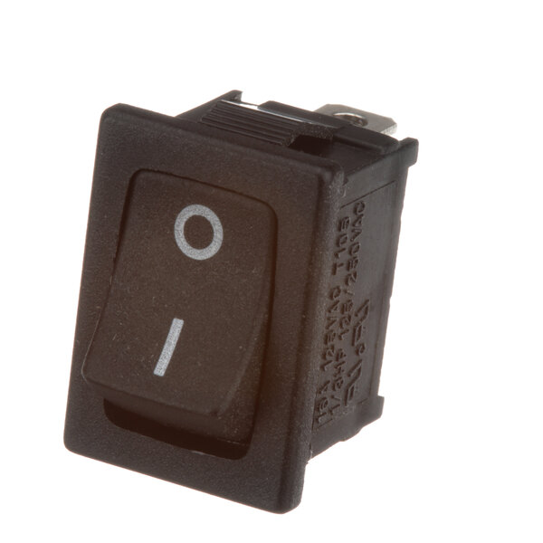 A black rocker switch with white text that says "PWR" and a white line.