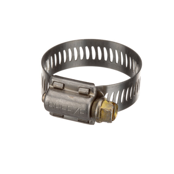 A Cleveland metal hose clamp with a nut.