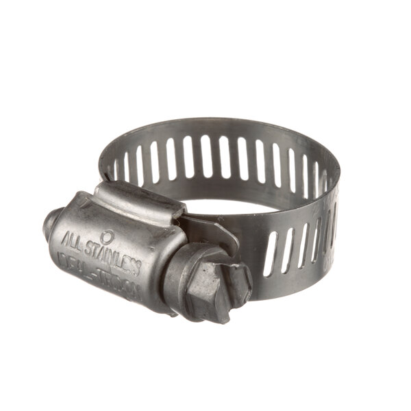 A Cleveland metal hose clamp with a metal band.