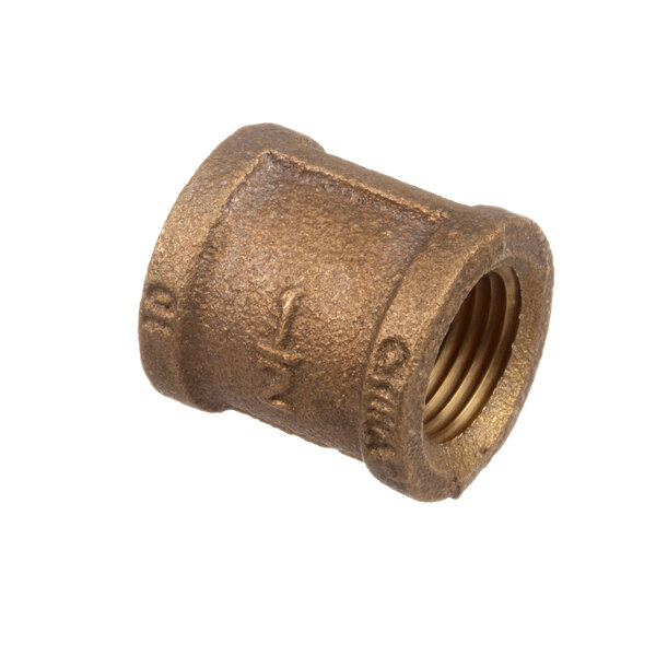 A close-up of a Cleveland brass pipe coupling.