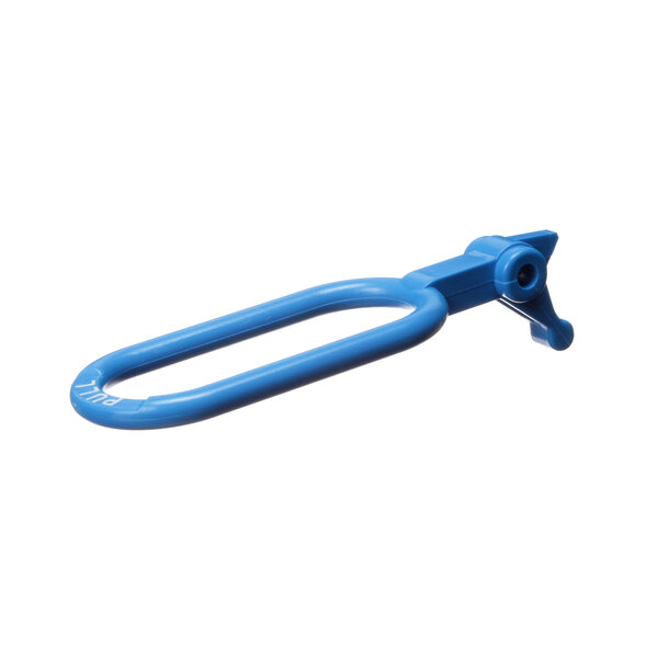 A close-up of a blue plastic Taylor handle with a metal hook.