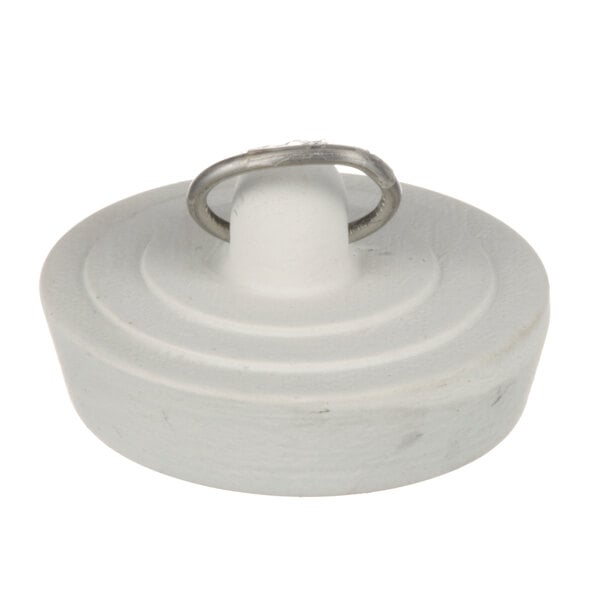 A white rubber stopper with a metal ring.