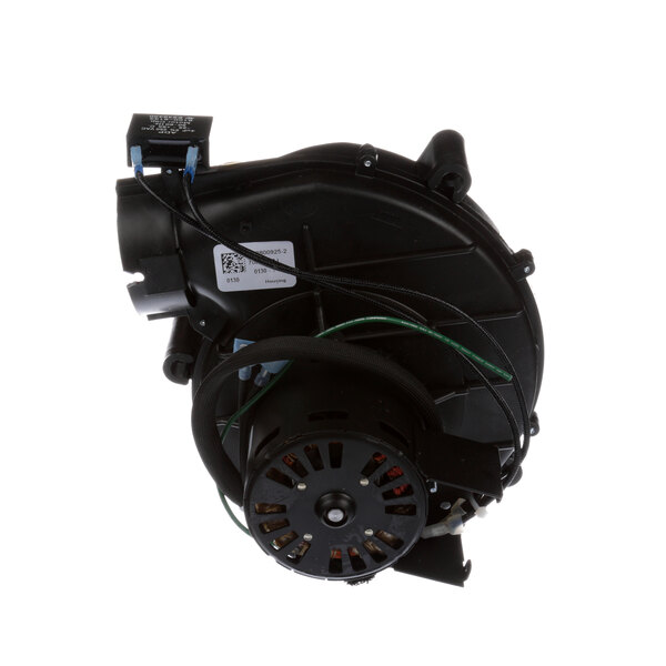 A black electric blower motor with a white label.