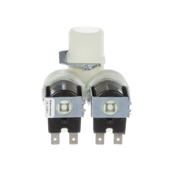 Two white Alto-Shaam solenoid valves with black metal parts on a white plastic pipe.