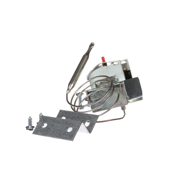 A Delfield commercial refrigerator thermostat kit with a metal bracket and a wire attached.
