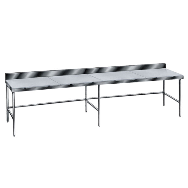 An Advance Tabco poly top work table with a long metal top and open base.