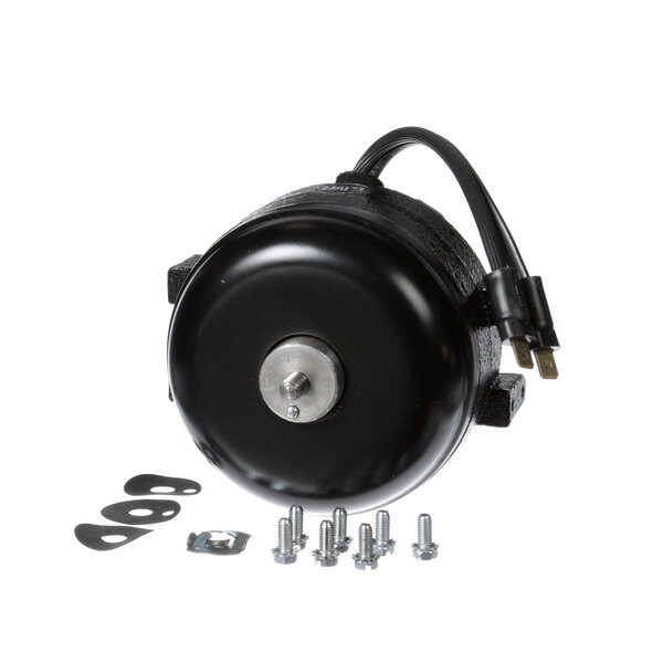 A black round electric motor with screws and bolts.