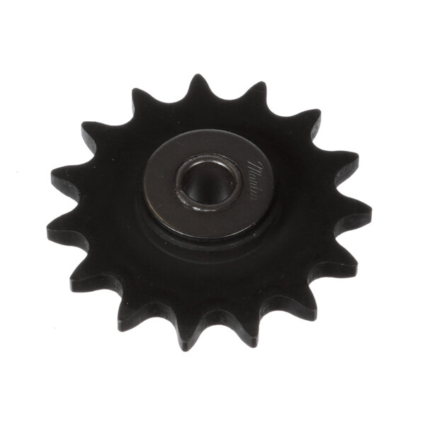 A black gear with a metal center and a hole.