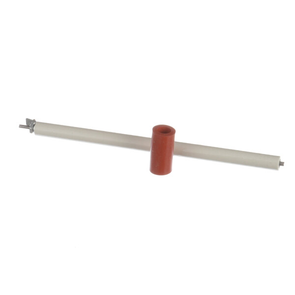 A red and white plastic rod with a red rubber tube.