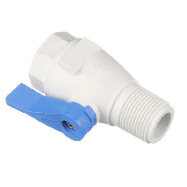 A white and blue plastic Antunes ball valve.