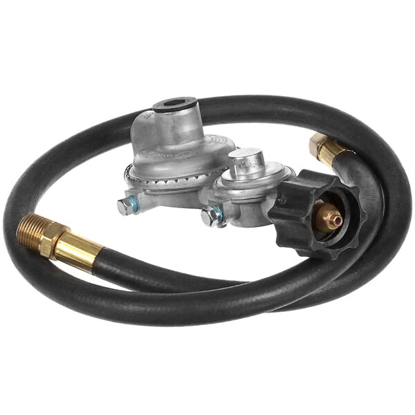 A black Bakers Pride gas hose assembly with a couple of metal parts.