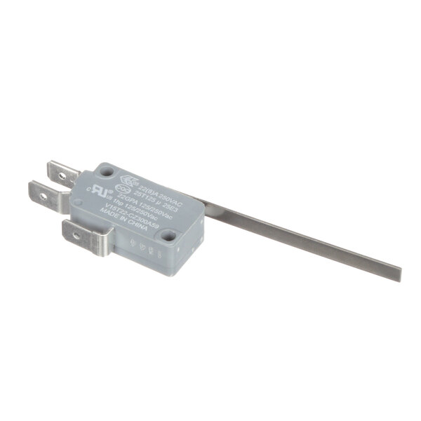 A grey Merrychef microswitch with a long metal rod.