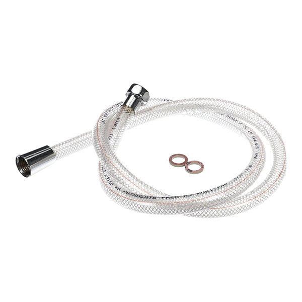 A white Cleveland hand-shower hose with metal and rubber rings.