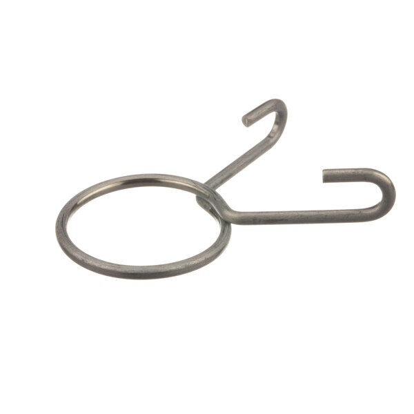 A close-up of a metal hook on a white background.