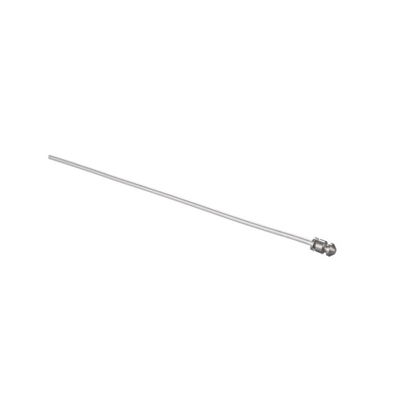 A long thin metal rod with a ball end, white handle and a white background.