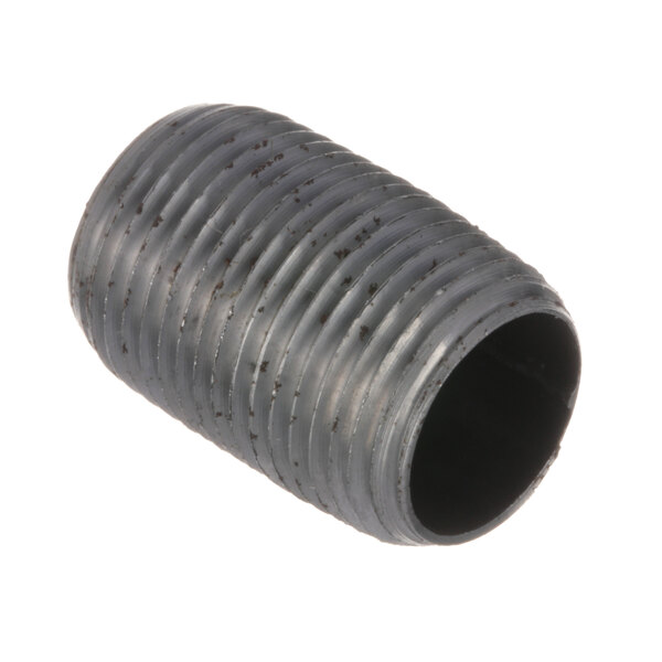 A close-up of a black threaded pipe.