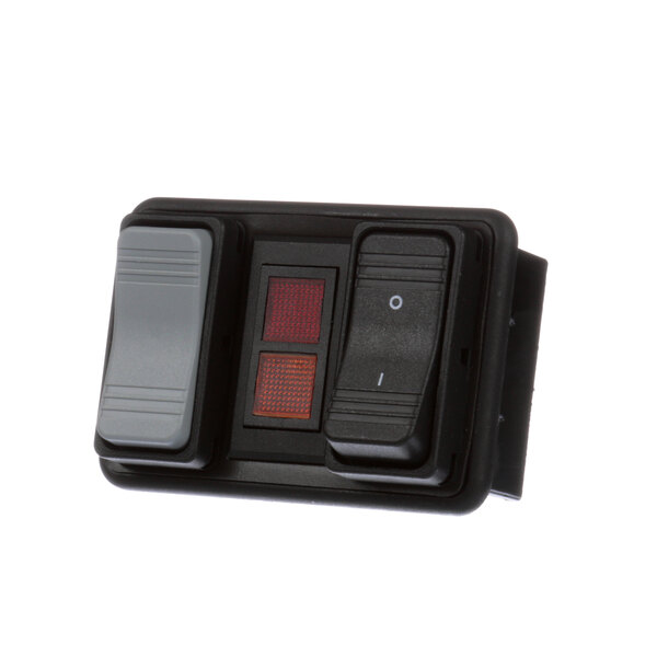 A close-up of a black and red Vulcan rocker switch with a red light.
