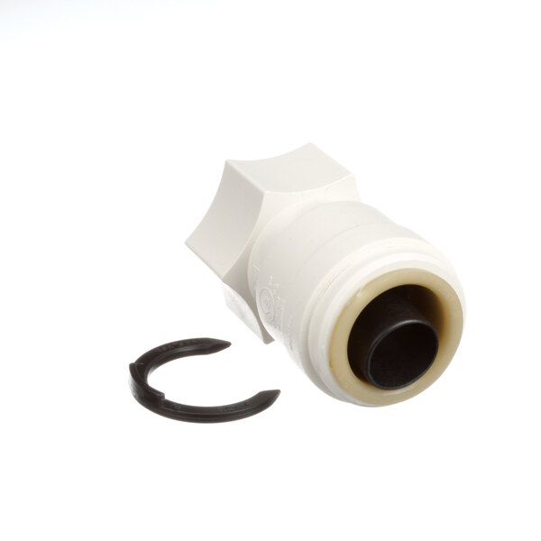 A white plastic pipe fitting with a black ring.