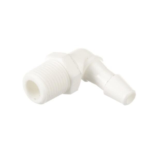 A white plastic elbow fitting with a thread.