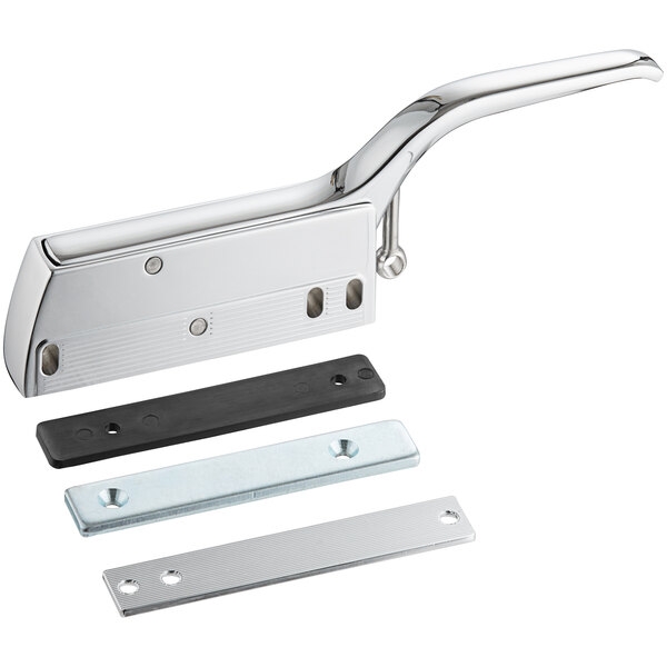 A chrome metal Accutemp steam release handle with two screws.