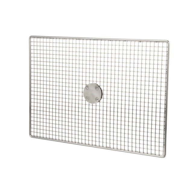 A stainless steel metal grid with a round hole in the middle.