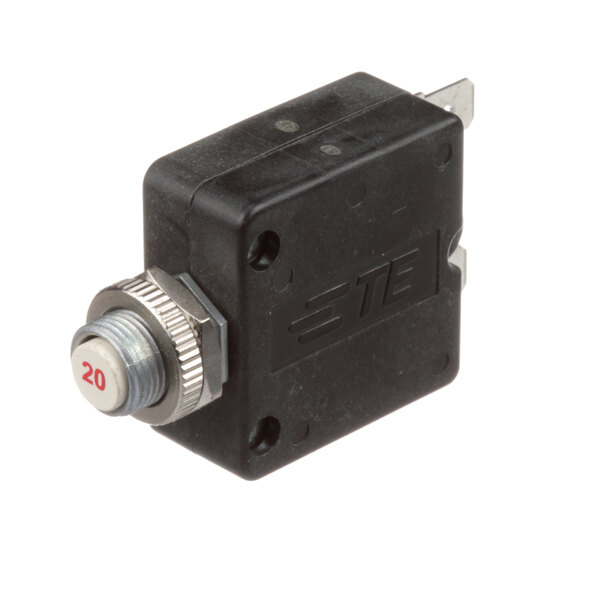 A black square Doyon Baking Equipment circuit breaker with a silver knob and red button.