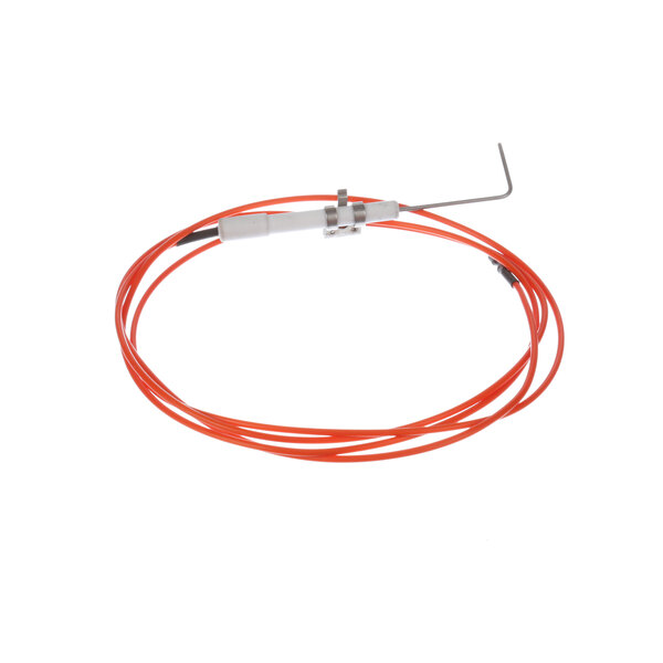 A close-up of a 60in orange cable with metal connectors and a red wire with a hook.