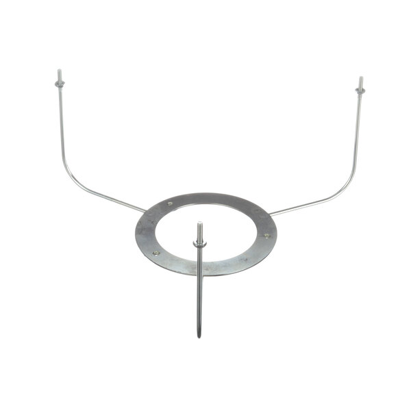 A metal ring with a round metal frame and two hooks on it.