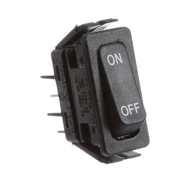 A black Randell rocker switch with white text that says "on"