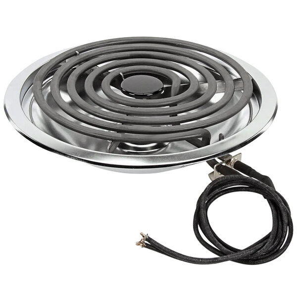 A black and white circular APW Wyott hot plate on a kitchen counter.