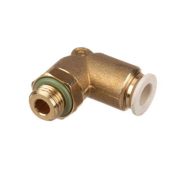 A brass threaded pipe fitting with a white plastic sleeve.