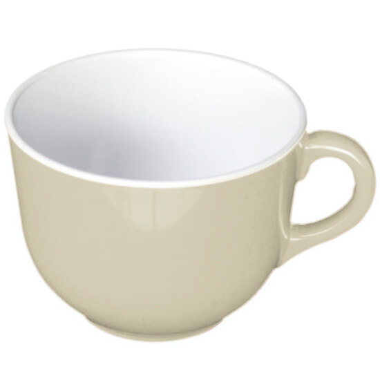 A beige and white Thunder Group Passion Pearl melamine mug with a handle.