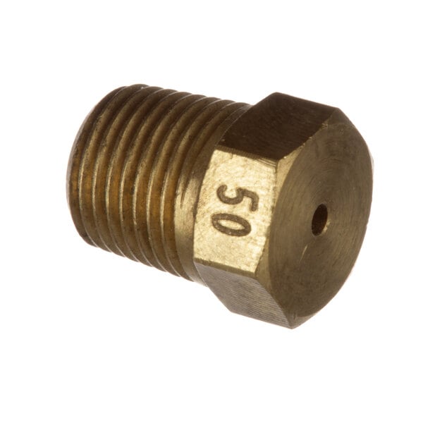 A brass threaded nut with the number 50.