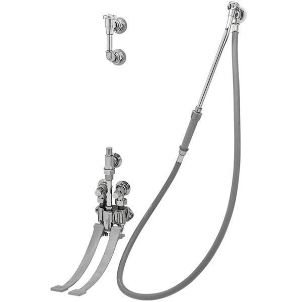 A T&S chrome bedpan washer faucet with extended hose and spray nozzle.