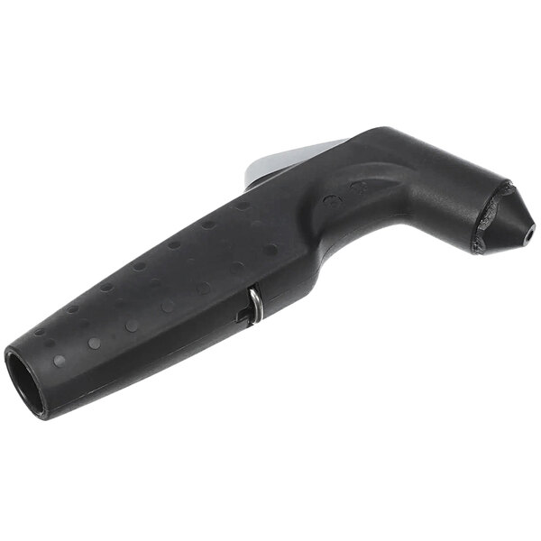 A black plastic hand shower with a black handle.