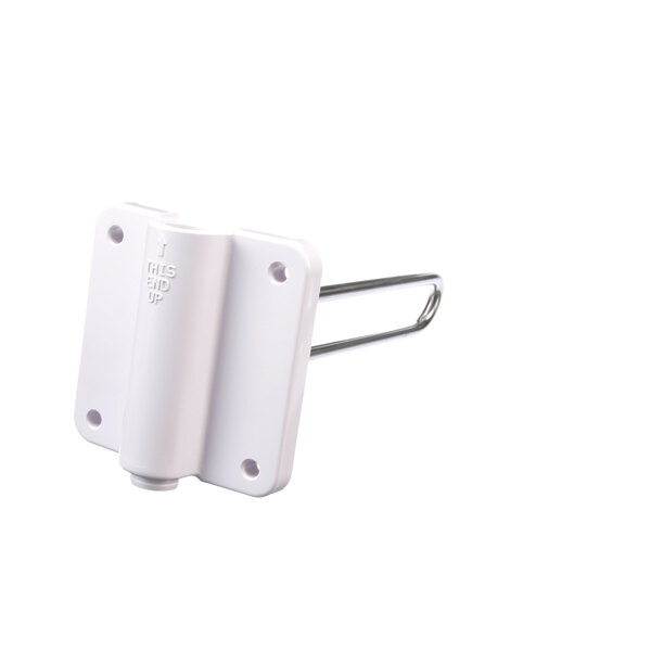 A white plastic Taylor door latch with a metal handle and holes.