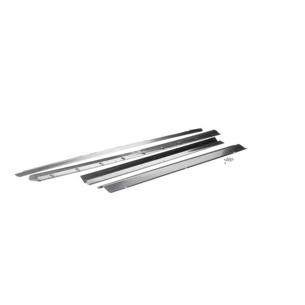 A set of four stainless steel strips with metal pieces.