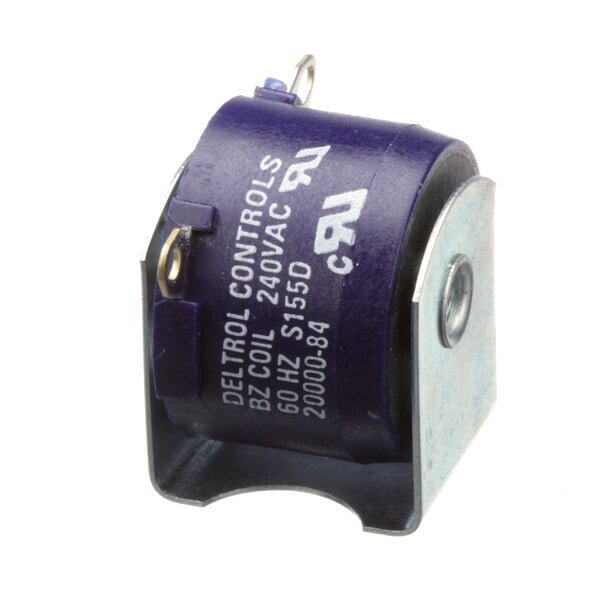 A small metal electrical buzzer with a purple cover.