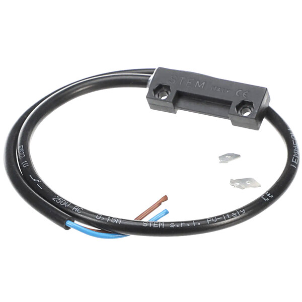 A black cable with a black wire and blue and white wires.