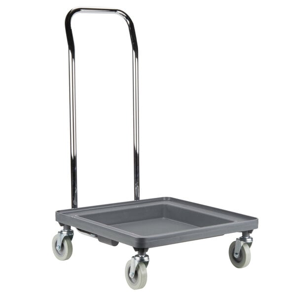 A grey cart with metal handles and wheels.