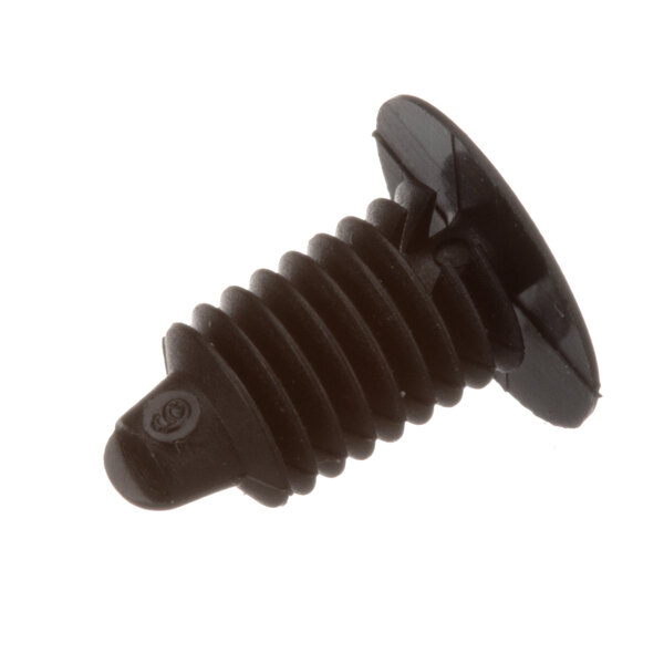 A close-up of a black plastic screw.