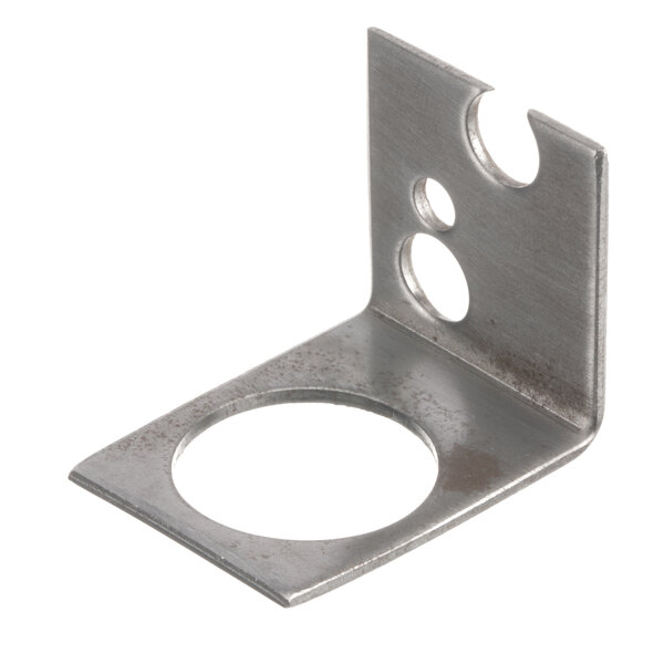 A metal Montague door keeper bracket with holes in it.
