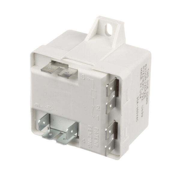 A white Delfield rotary relay switch with metal parts and two wires.
